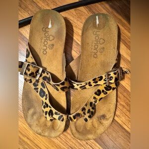 YOKONO Womens Ibiza Leopard Calf Hair Leather Sandals Cork Slide Size 8